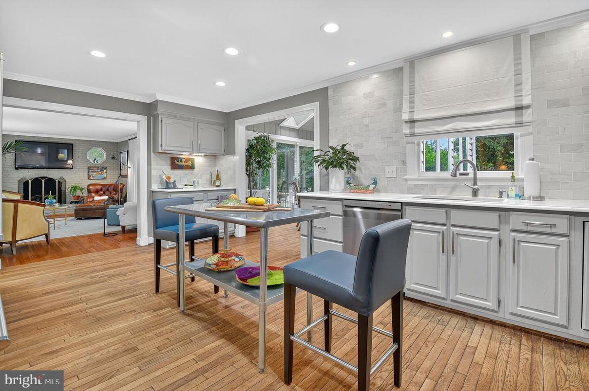 Fireplace, Interior, Kitchen, Recessed Lighting, Stainless Steel Appliances, Stone Walls, Wood Texture Flooring