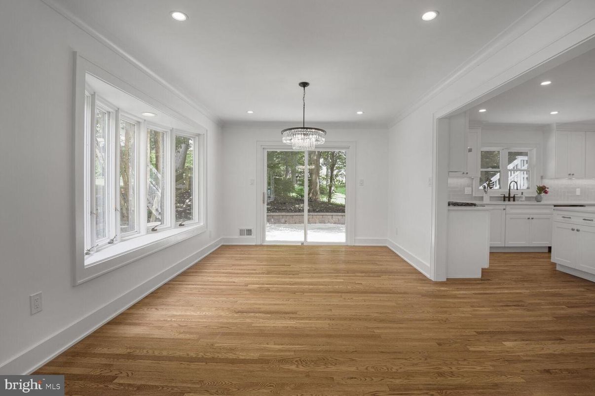 Chandelier, Empty room, Interior, Kitchen, Recessed Lighting, Wood Texture Flooring