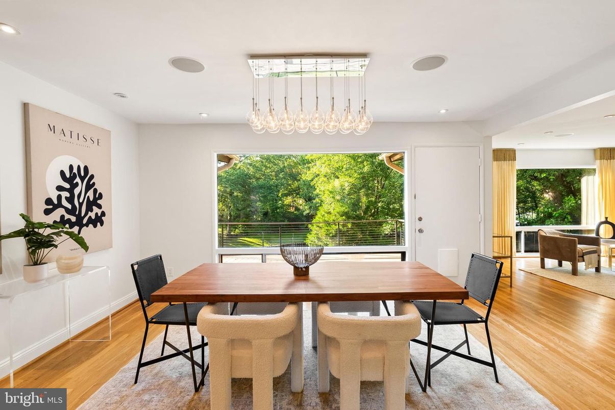 Dining room, Interior, Pendant Lights, Recessed Lighting, Wood Texture Flooring
