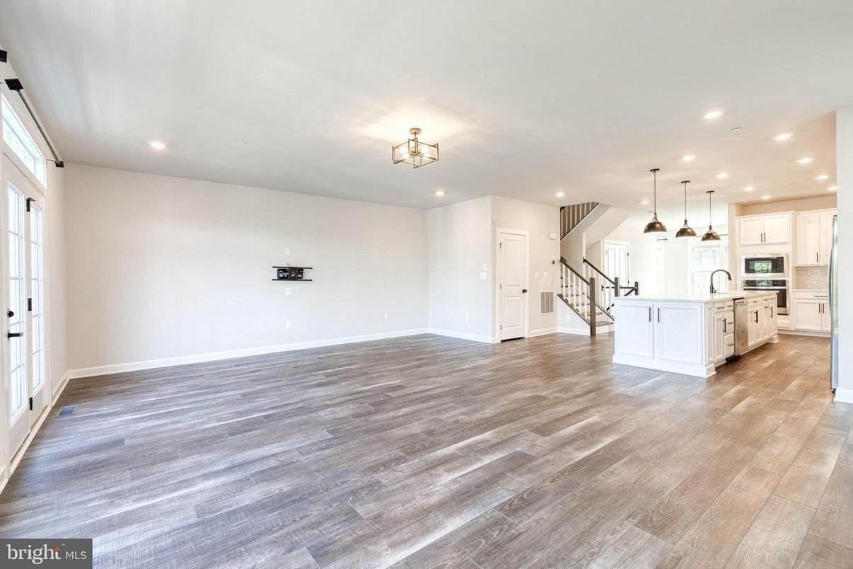 Empty room, Interior, Kitchen, Pendant Lights, Recessed Lighting, Wood Texture Flooring