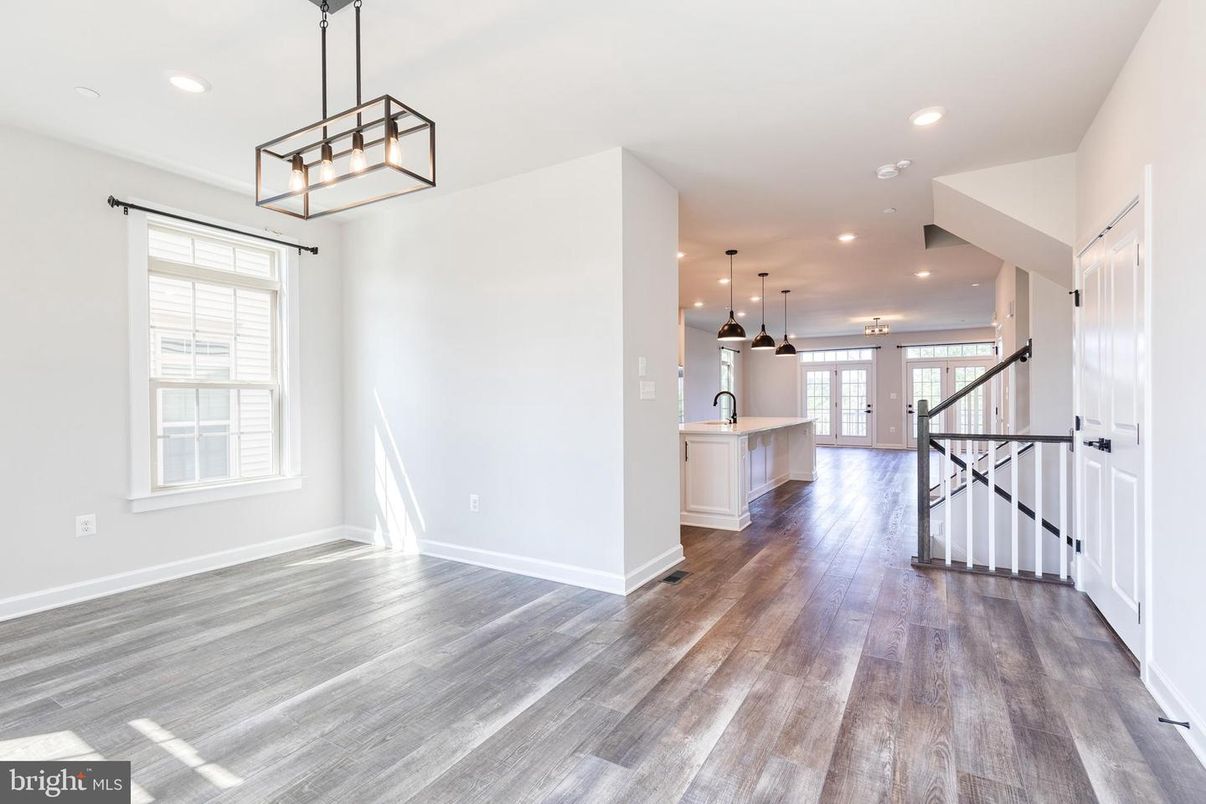Empty room, Interior, Kitchen, Pendant Lights, Recessed Lighting, Wood Texture Flooring