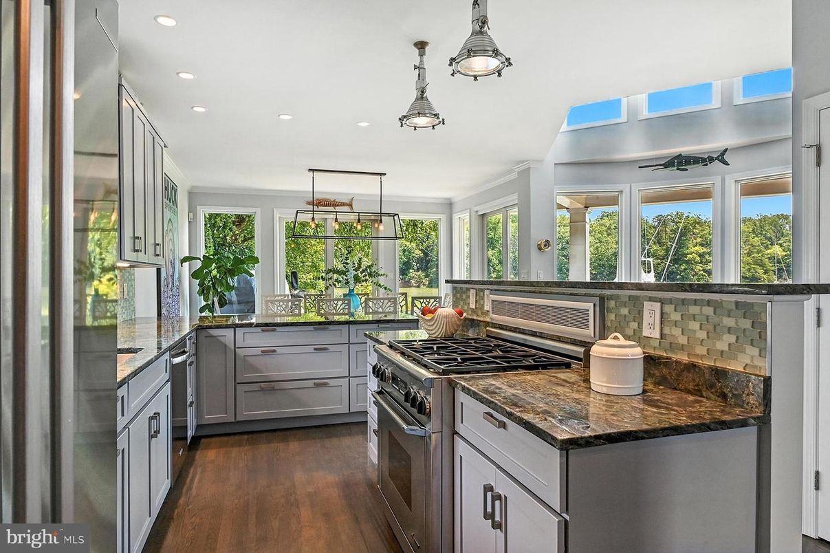 Interior, Kitchen, Pendant Lights, Recessed Lighting, Stainless Steel Appliances, Wood Texture Flooring