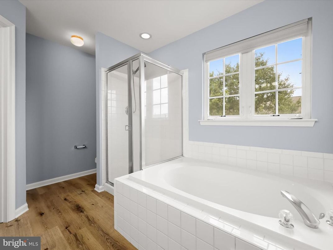 Bathroom, Glass Shower, Interior, Recessed Lighting, Wood Texture Flooring