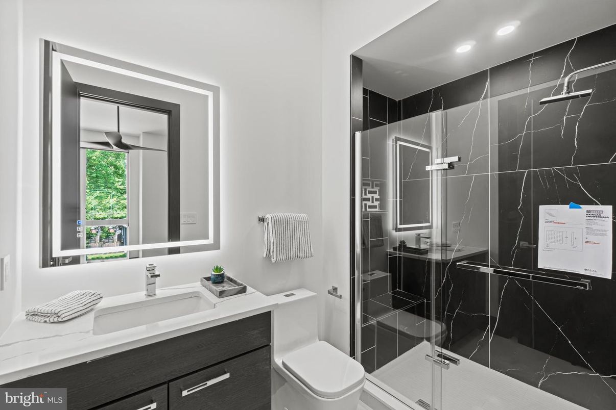 Bathroom, Glass Shower, Interior, Marble Walls, Recessed Lighting
