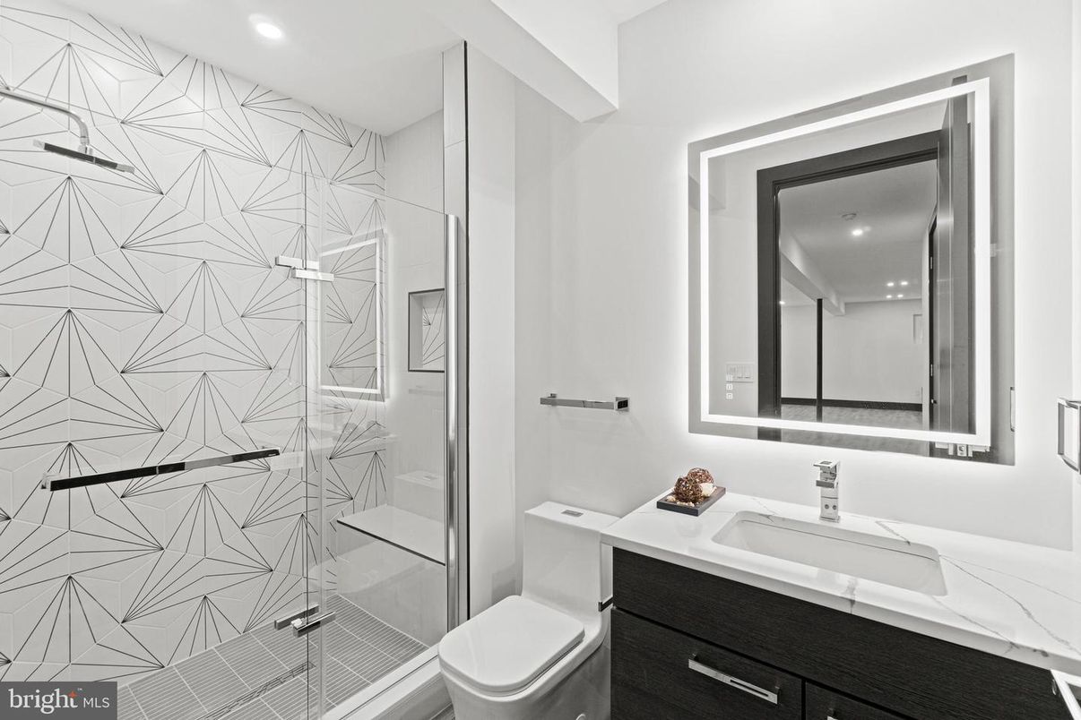 Bathroom, Glass Shower, Interior, Marble Walls, Recessed Lighting