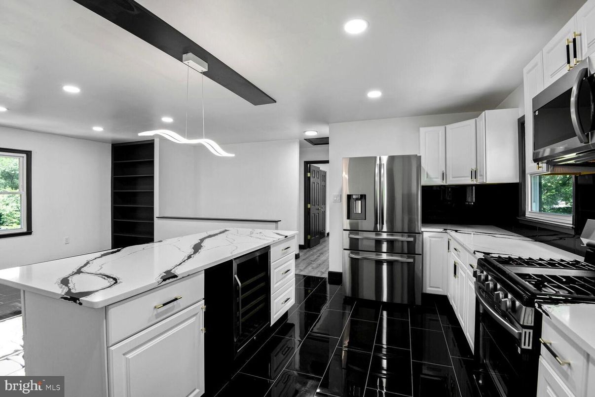 Interior, Kitchen, Marble, Pendant Lights, Recessed Lighting, Stainless Steel Appliances