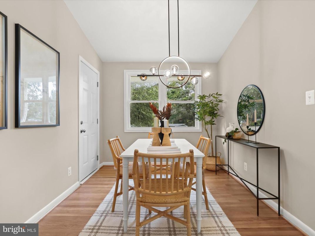 Dining room, Interior, Pendant Lights, Wood Texture Flooring