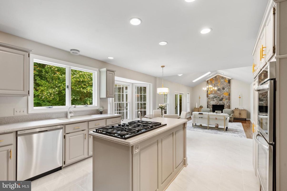 Dining room, Fireplace, Interior, Kitchen, Living room, Pendant Lights, Recessed Lighting, Stainless Steel Appliances