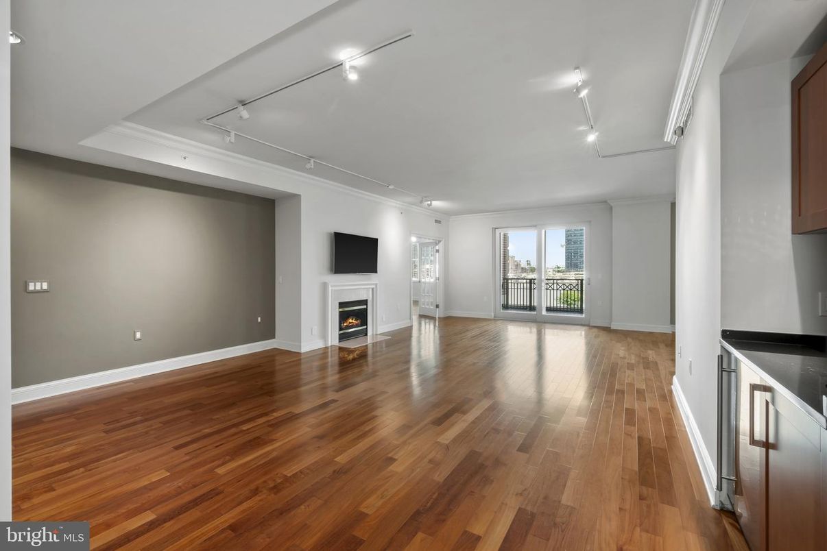 Empty room, Fireplace, Interior, Recessed Lighting, Wood Texture Flooring