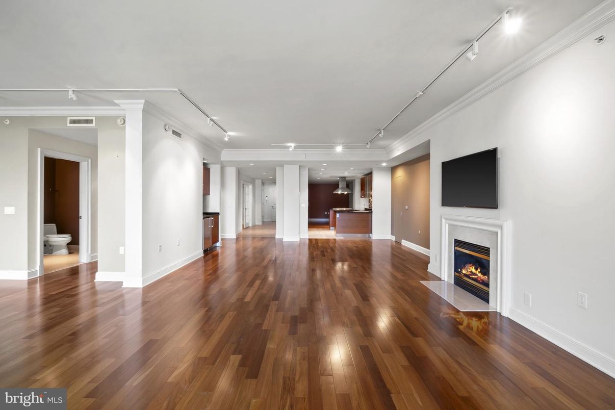 Empty room, Fireplace, Interior, Recessed Lighting, Wood Texture Flooring