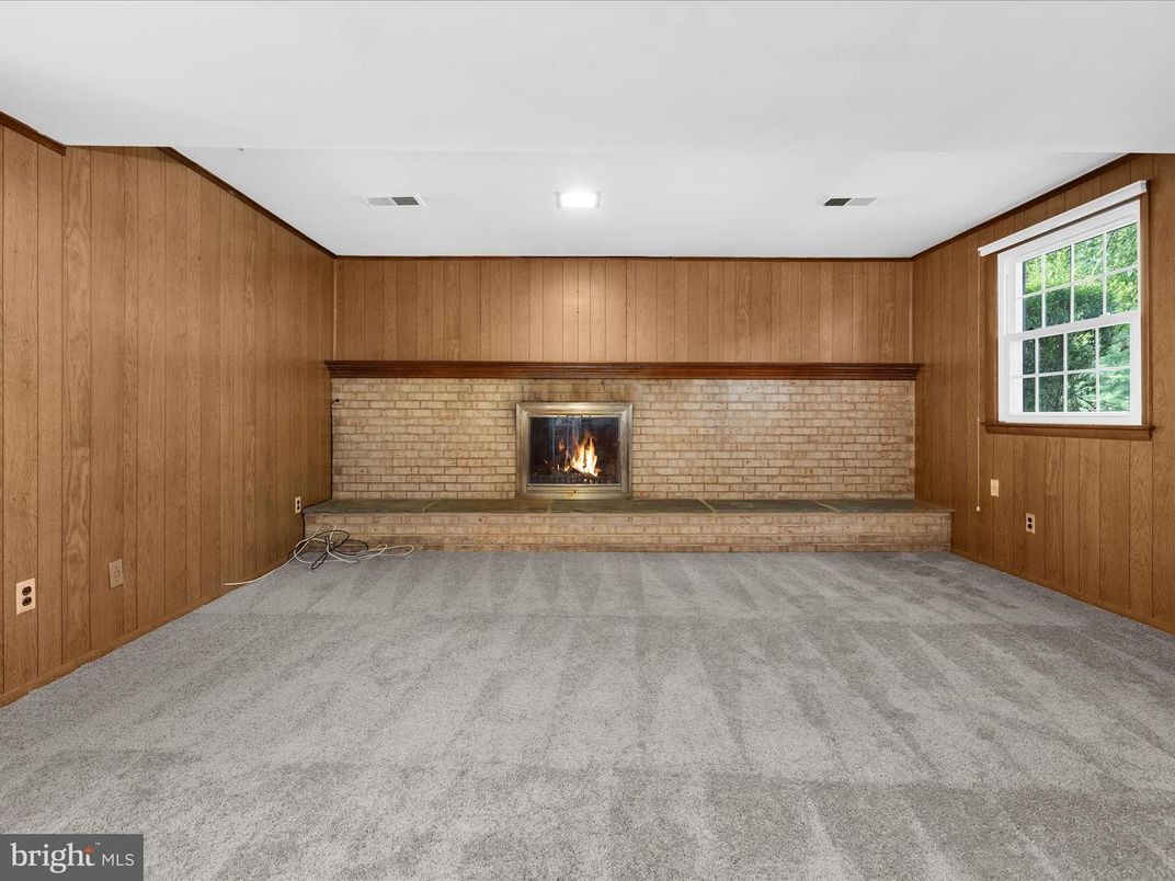 Empty room, Fireplace, Interior, Recessed Lighting, Wooden Walls