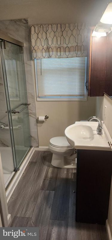Bathroom, Glass Shower, Interior, Wood Texture Flooring