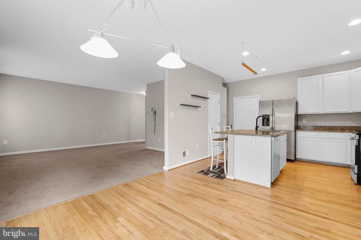 Empty room, Interior, Kitchen, Pendant Lights, Recessed Lighting, Wood Texture Flooring