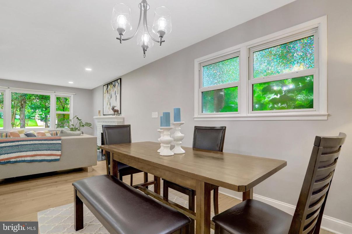 Chandelier, Dining room, Fireplace, Interior, Living room, Recessed Lighting, Wood Texture Flooring