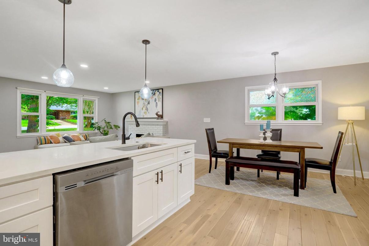 Dining room, Interior, Kitchen, Pendant Lights, Recessed Lighting, Stainless Steel Appliances, Wood Texture Flooring