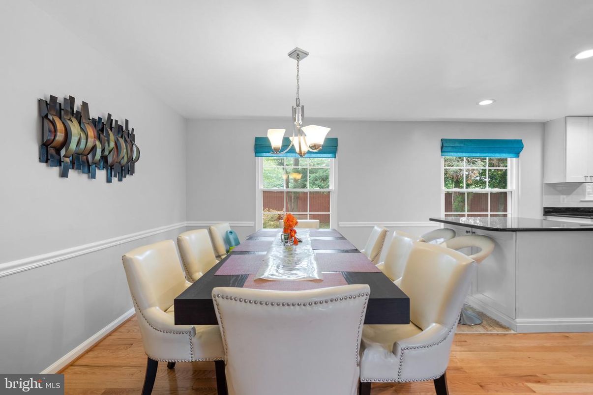 Dining room, Interior, Pendant Lights, Recessed Lighting, Wood Texture Flooring