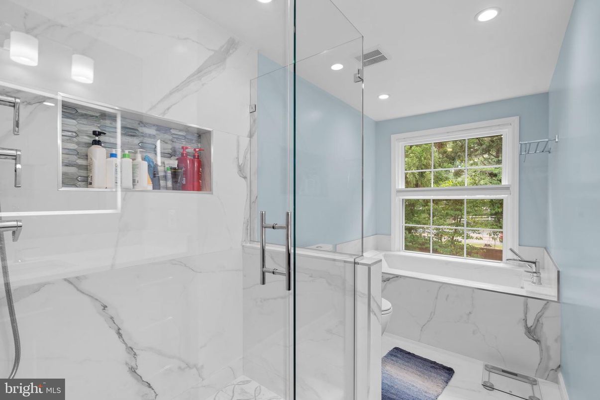 Bathroom, Glass Shower, Interior, Marble, Marble Walls, Recessed Lighting