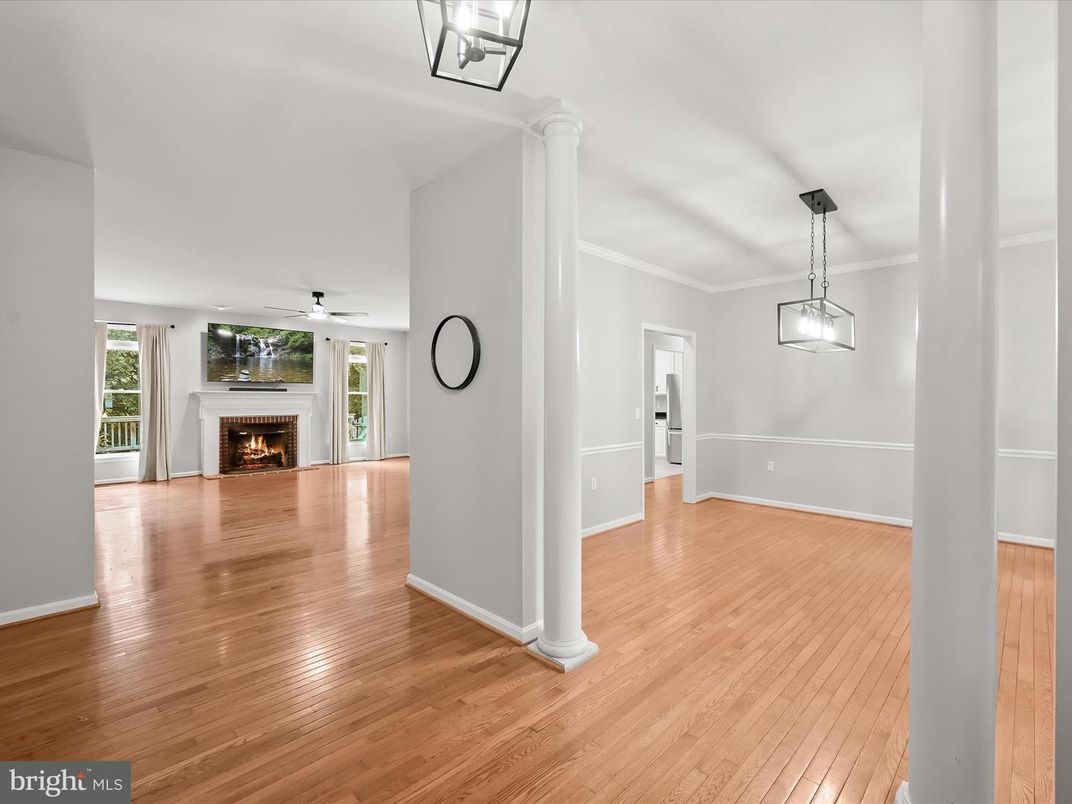 Empty room, Fireplace, Interior, Pendant Lights, Wood Texture Flooring