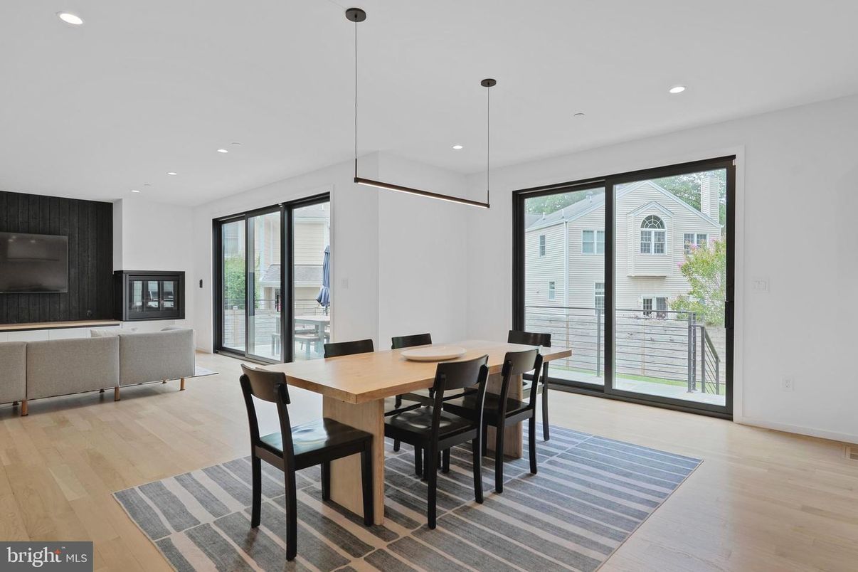 Dining room, Interior, Pendant Lights, Recessed Lighting, Wood Texture Flooring