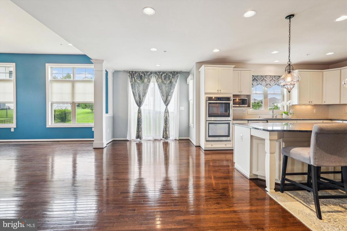 Chandelier, Interior, Kitchen, Pendant Lights, Recessed Lighting, Stainless Steel Appliances, Wood Texture Flooring