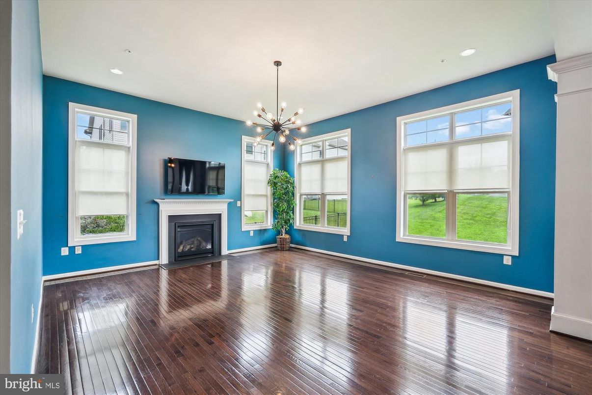 Empty room, Fireplace, Interior, Pendant Lights, Recessed Lighting, Wood Texture Flooring