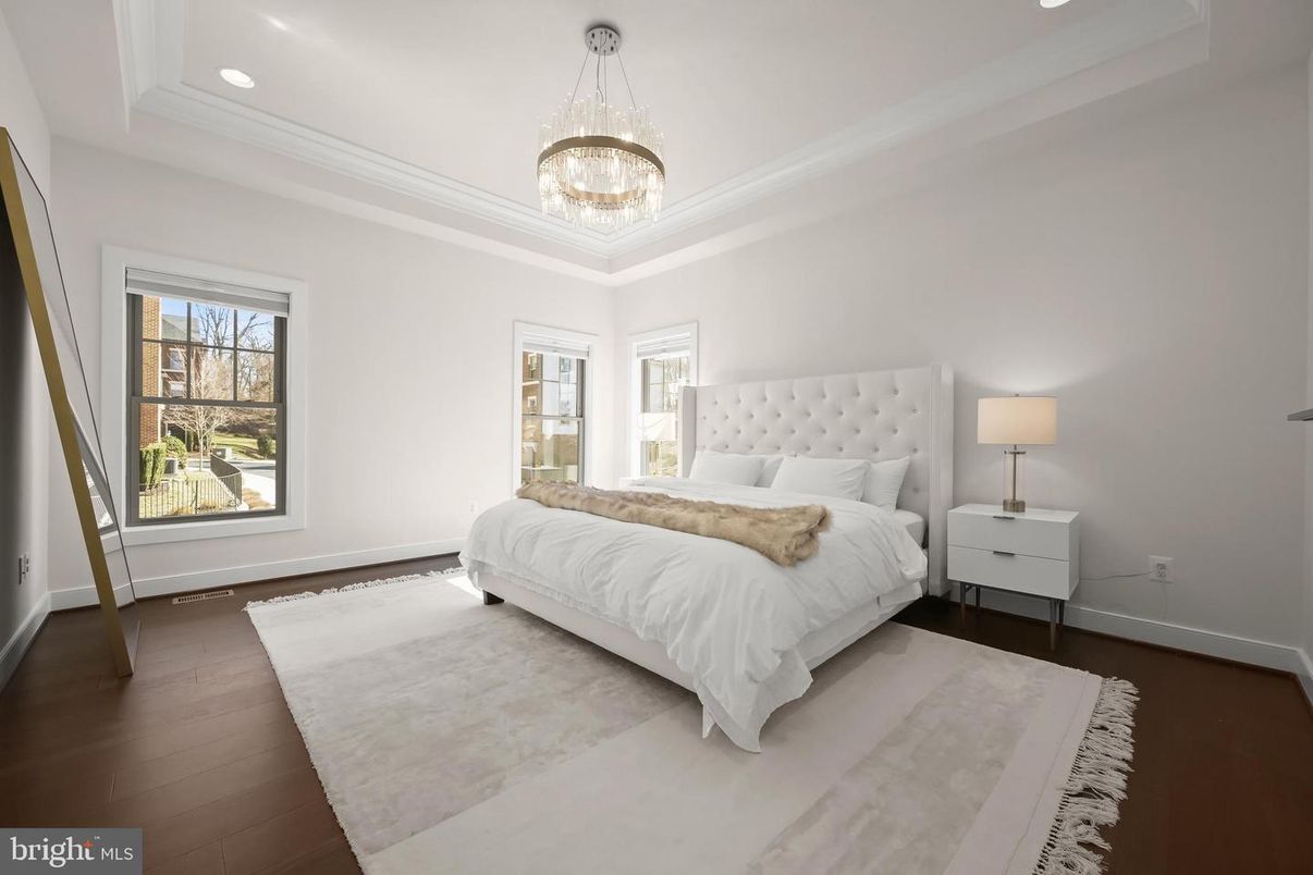Bedroom, Chandelier, Interior, Pendant Lights, Recessed Lighting, Wood Texture Flooring