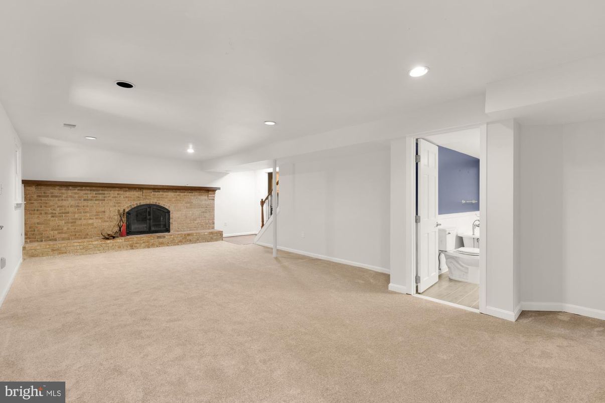 Bathroom, Empty room, Fireplace, Interior, Recessed Lighting, Stone Walls