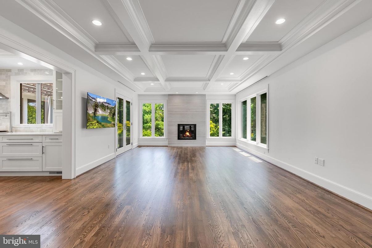 Empty room, Fireplace, Interior, Recessed Lighting, Wood Texture Flooring
