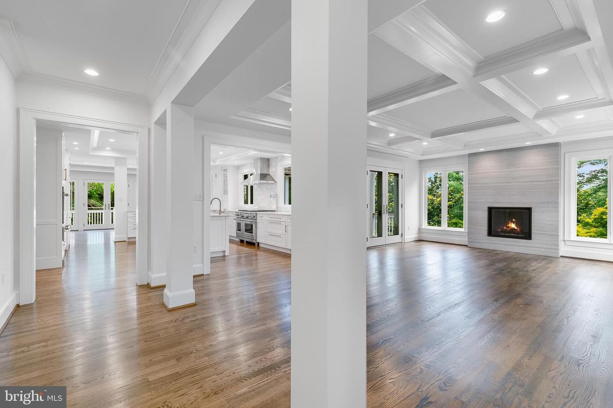 Empty room, Fireplace, Interior, Kitchen, Recessed Lighting, Wood Texture Flooring