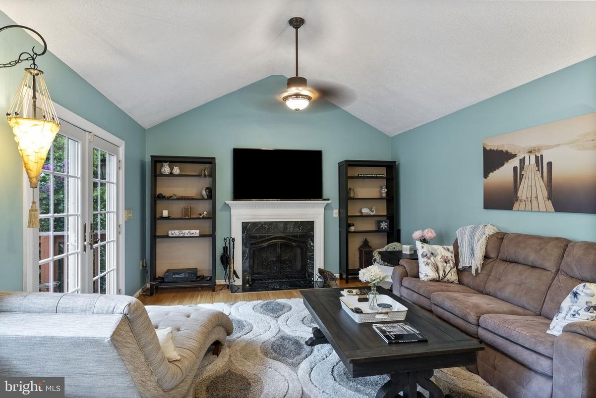 Fireplace, Interior, Living room, Pendant Lights, Wood Texture Flooring
