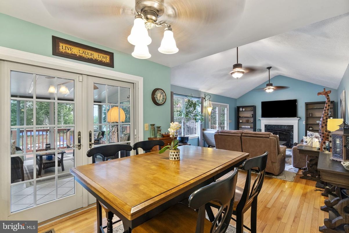 Dining room, Fireplace, Interior, Living room, Wood Texture Flooring