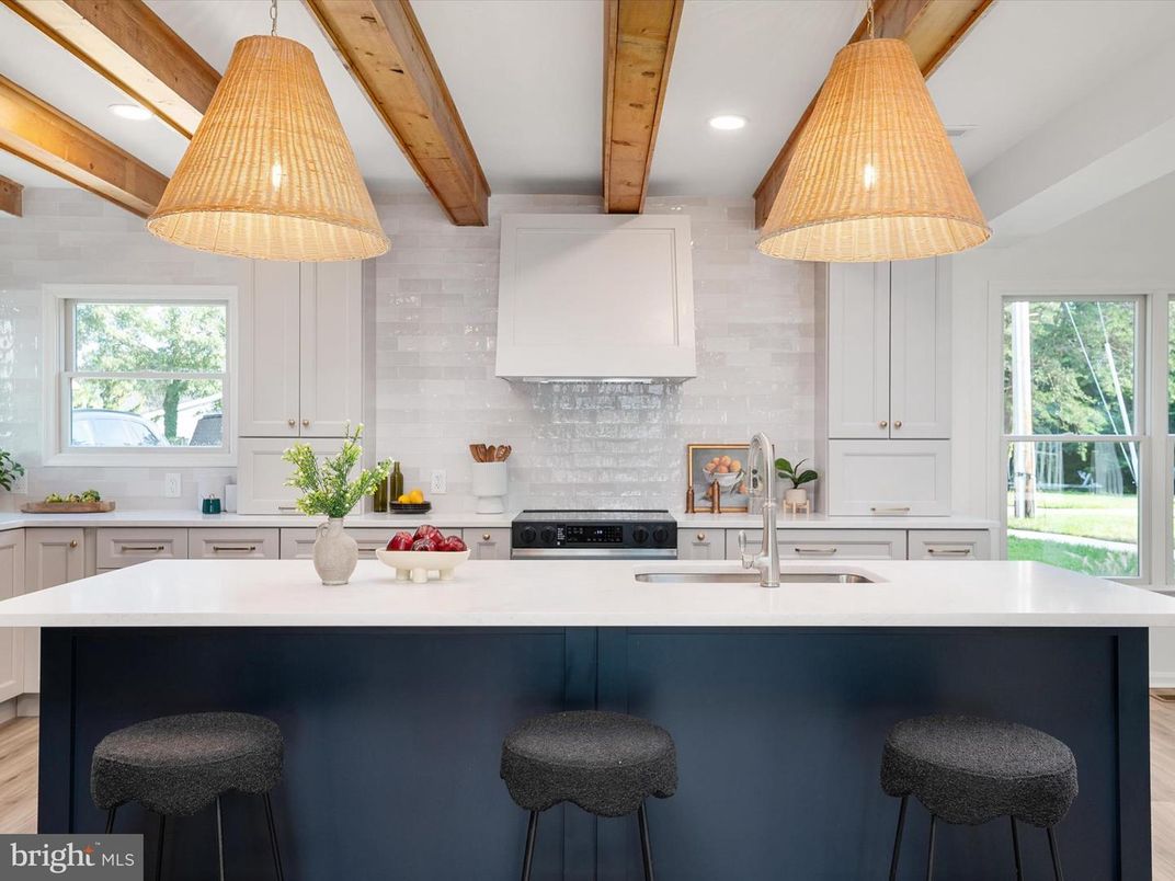 Interior, Kitchen, Pendant Lights, Recessed Lighting, Stainless Steel Appliances, Wooden Beams, Wood Texture Flooring