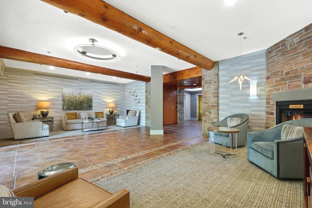 Fireplace, Interior, Living room, Recessed Lighting, Stone Walls, Wooden Beams