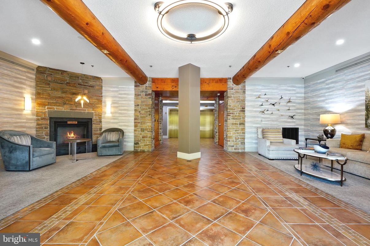 Fireplace, Interior, Living room, Recessed Lighting, Stone Walls, Wooden Beams