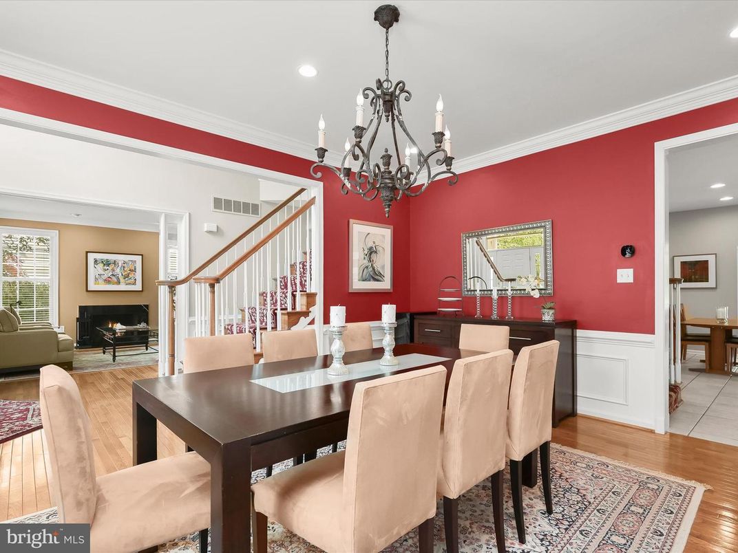 Chandelier, Dining room, Fireplace, Interior, Living room, Recessed Lighting, Wood Texture Flooring