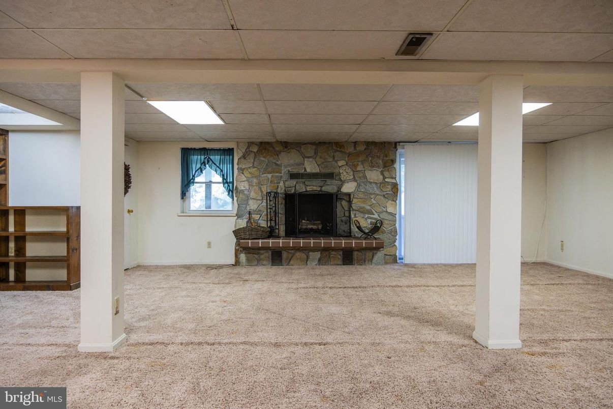 Empty room, Fireplace, Interior, Recessed Lighting, Stone Walls