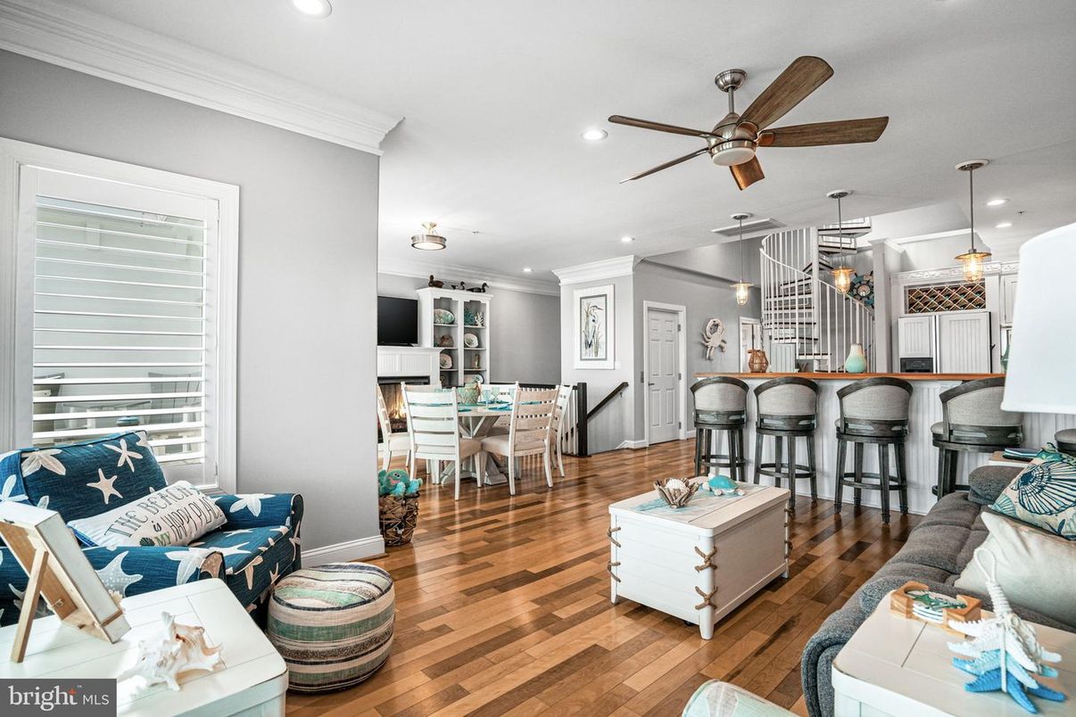 Dining room, Fireplace, Interior, Kitchen, Living room, Pendant Lights, Recessed Lighting, Wood Texture Flooring