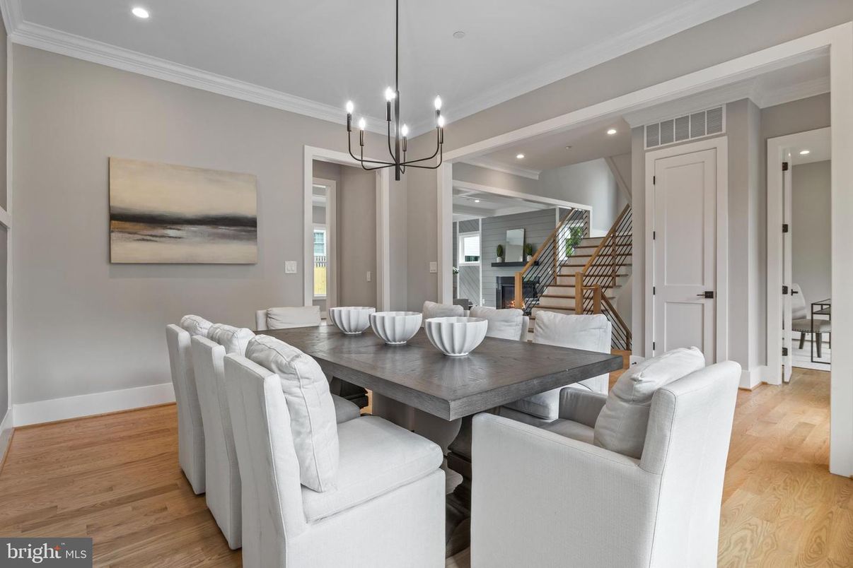 Dining room, Interior, Pendant Lights, Recessed Lighting, Wood Texture Flooring
