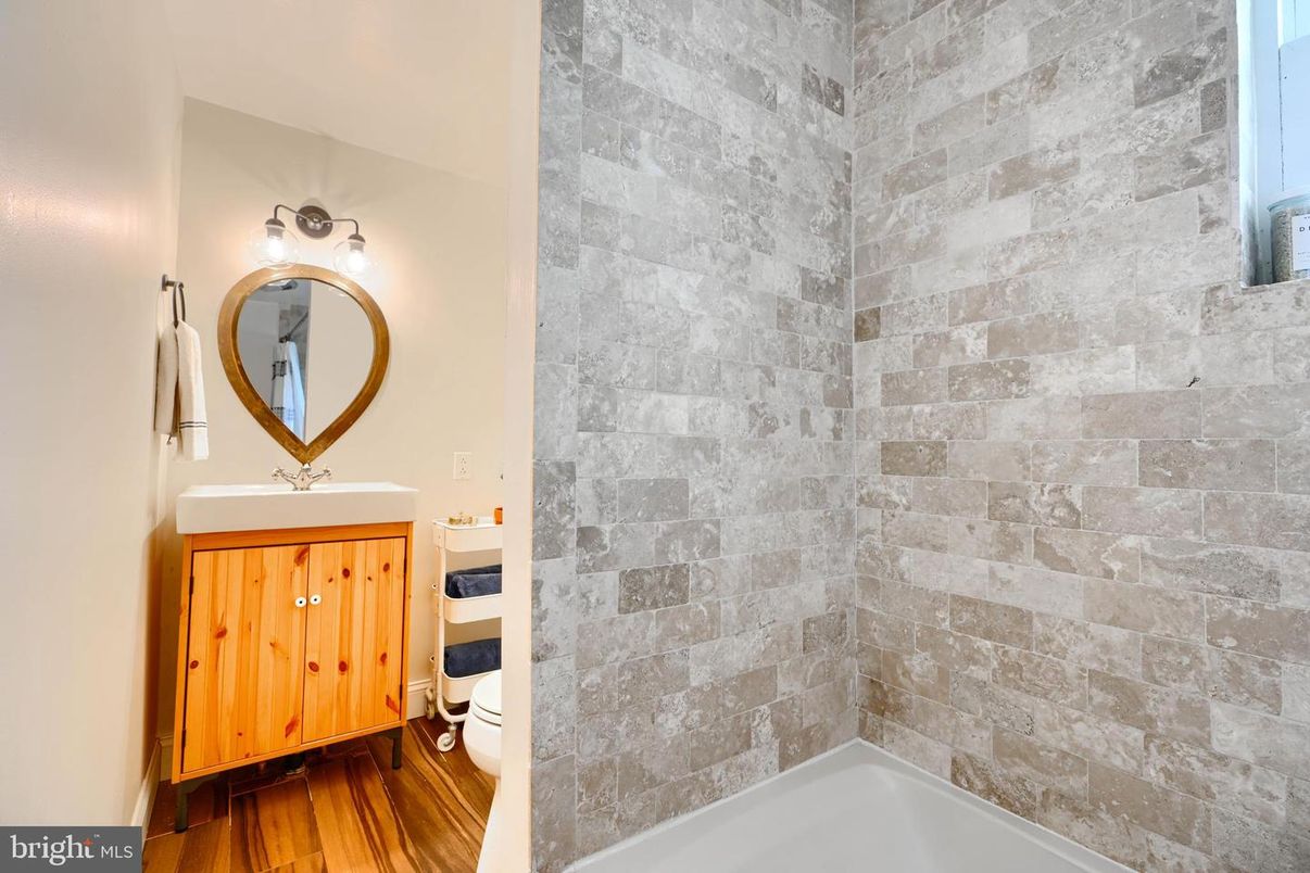 Bathroom, Interior, Stone Walls, Wood Texture Flooring