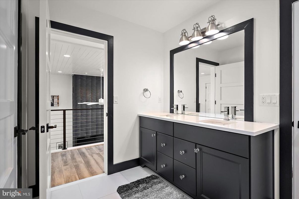 Bathroom, Dual Sink Vanities, Interior, Recessed Lighting, Wood Texture Flooring
