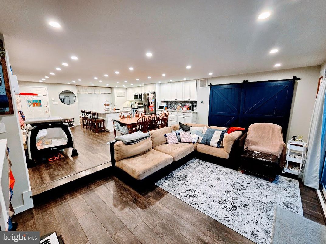 Dining room, Interior, Kitchen, Living room, Recessed Lighting, Wood Texture Flooring