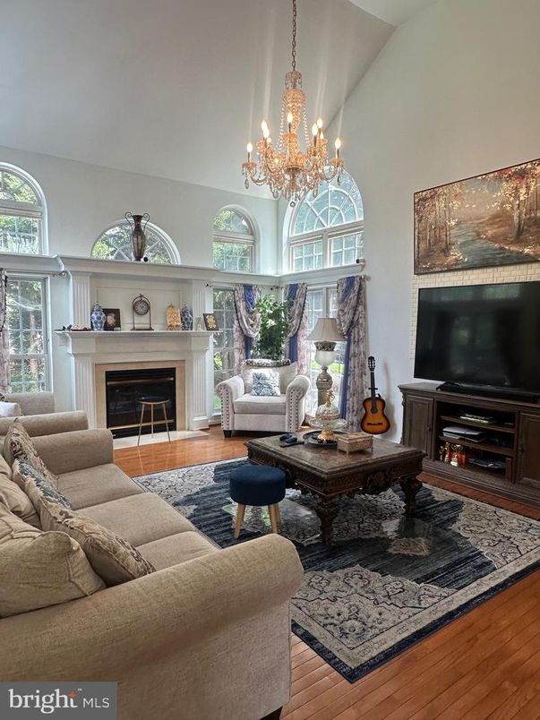 Chandelier, Fireplace, Interior, Living room, Wood Texture Flooring