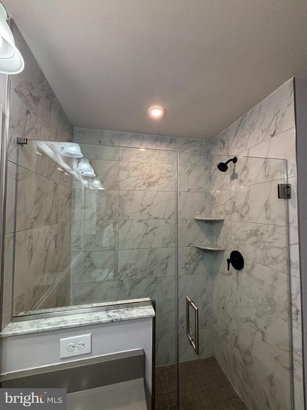 Bathroom, Glass Shower, Interior, Marble Walls, Recessed Lighting