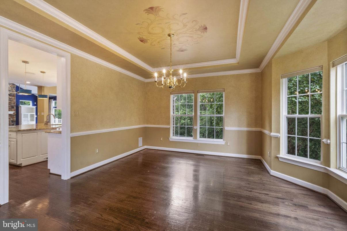 Chandelier, Empty room, Interior, Kitchen, Pendant Lights, Wood Texture Flooring