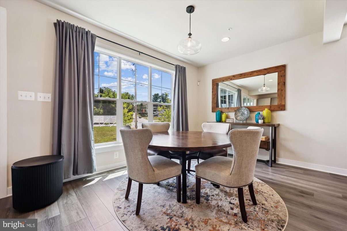 Dining room, Interior, Pendant Lights, Recessed Lighting, Wood Texture Flooring