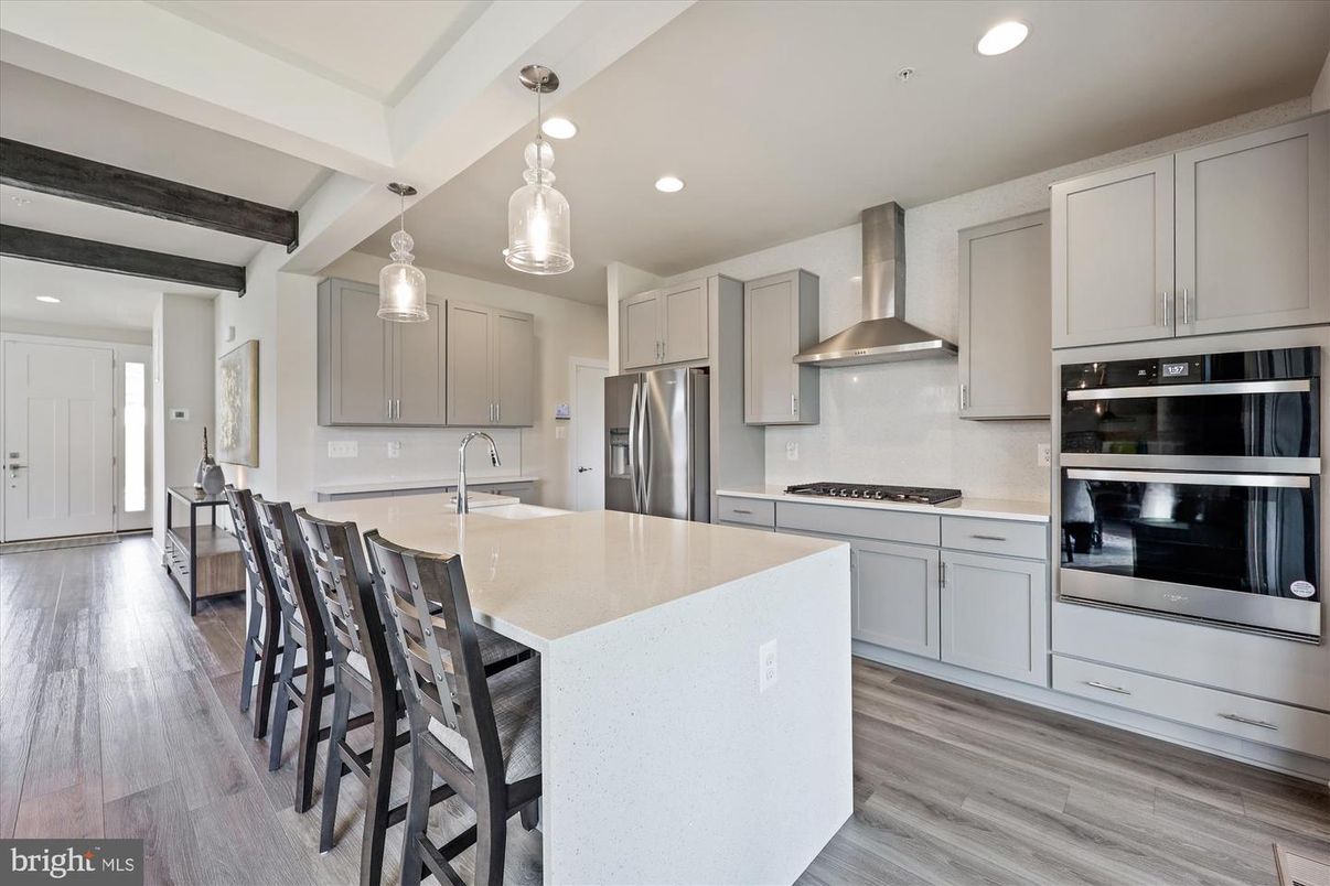 Interior, Kitchen, Pendant Lights, Recessed Lighting, Stainless Steel Appliances, Wooden Beams, Wood Texture Flooring