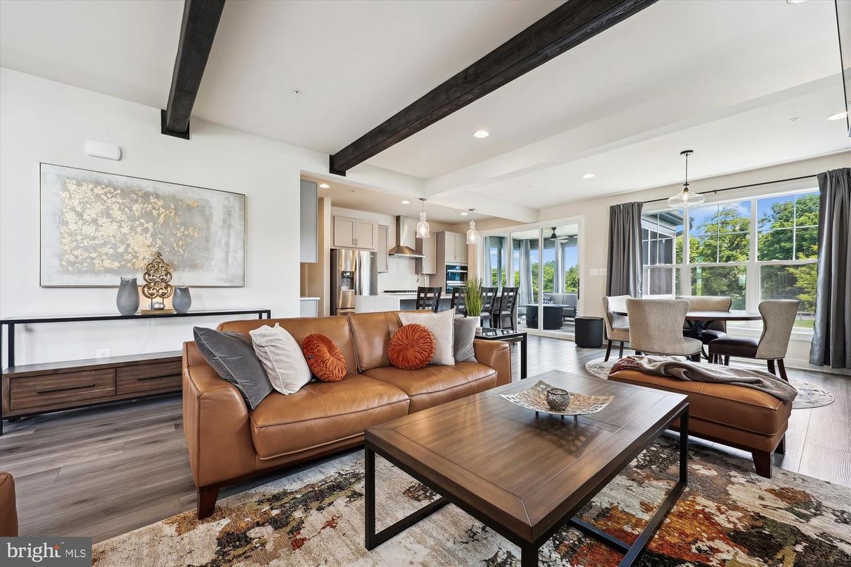 Dining room, Interior, Kitchen, Living room, Pendant Lights, Recessed Lighting, Stainless Steel Appliances, Wooden Beams, Wood Texture Flooring
