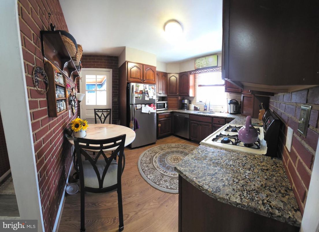 Fireplace, Interior, Kitchen, Stone Walls, Wood Texture Flooring