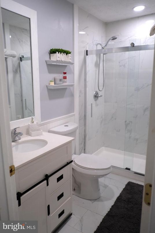 Bathroom, Glass Shower, Interior, Marble, Marble Walls, Recessed Lighting