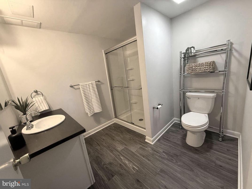 Bathroom, Glass Shower, Interior, Recessed Lighting, Wood Texture Flooring